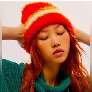 Free People Airy rib stripe fuzzy red, mustard, icy blue winter beanie hat